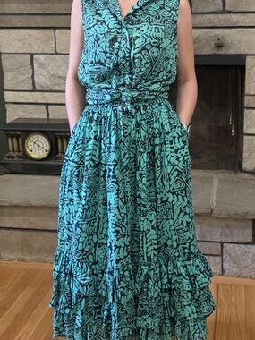 Vintage Sleeveless Teal & Black Printed Maxi Skirt Set
